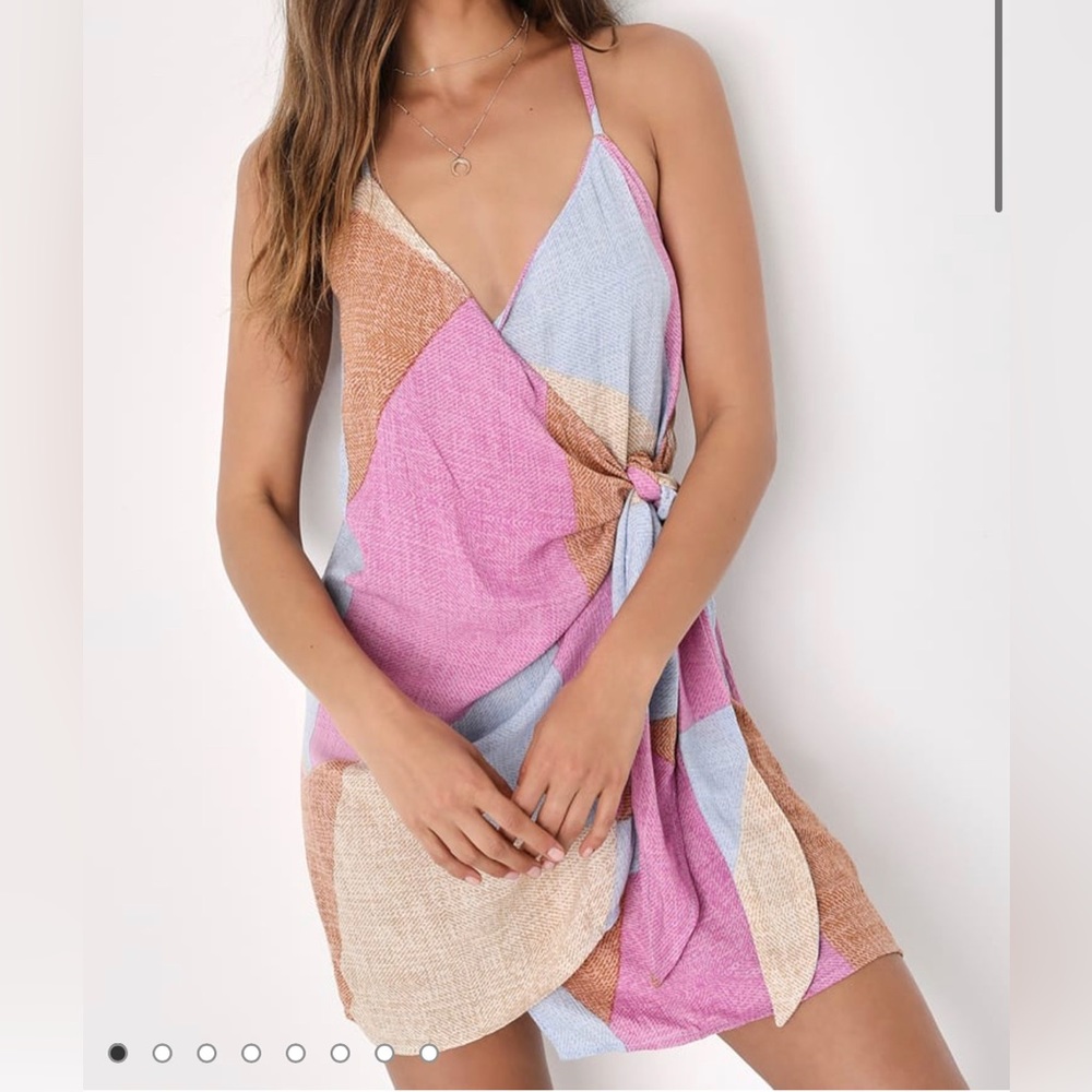 Lulu’s Marlo Beige Multi Print Wrap Dress